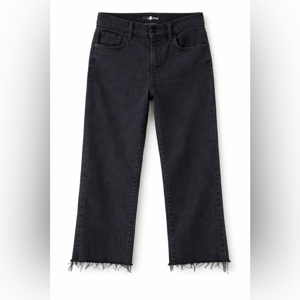 NEW 7 For All Mankind black denim jeans cropped straight raw frayed hem size 27